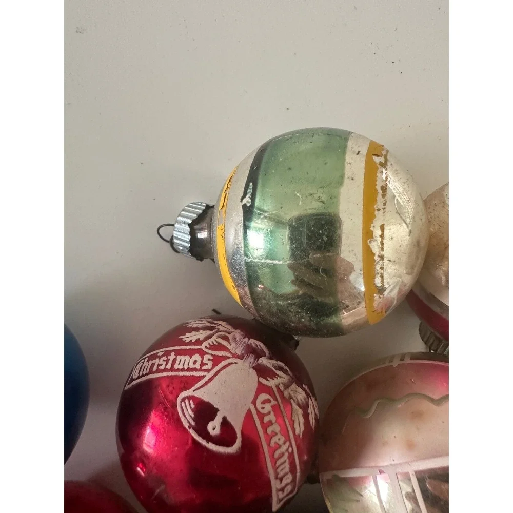 Vtg Poland Pink Flower Shiny Brite USA‎ Glass Ball Christmas Ornament Set 9